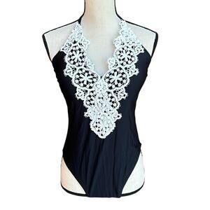 Blooming Jelly Black One Piece Swimsuit Women's Large Lace Tummy Control